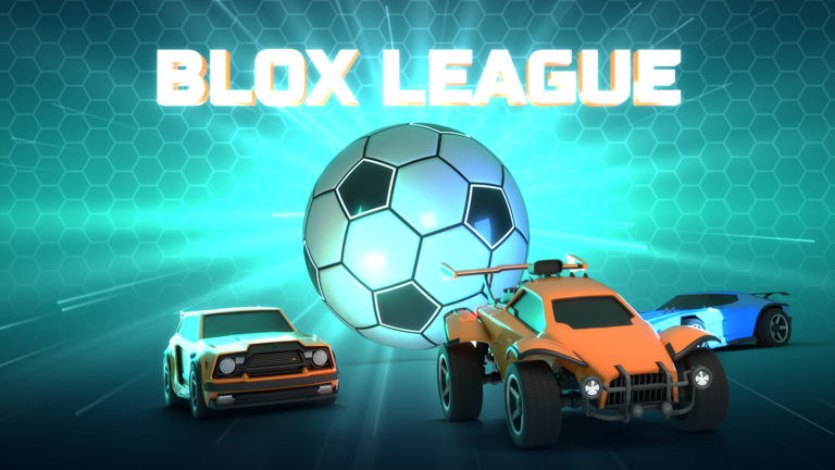Blox League official versus artwork: blue and orange cars facing off over the ball